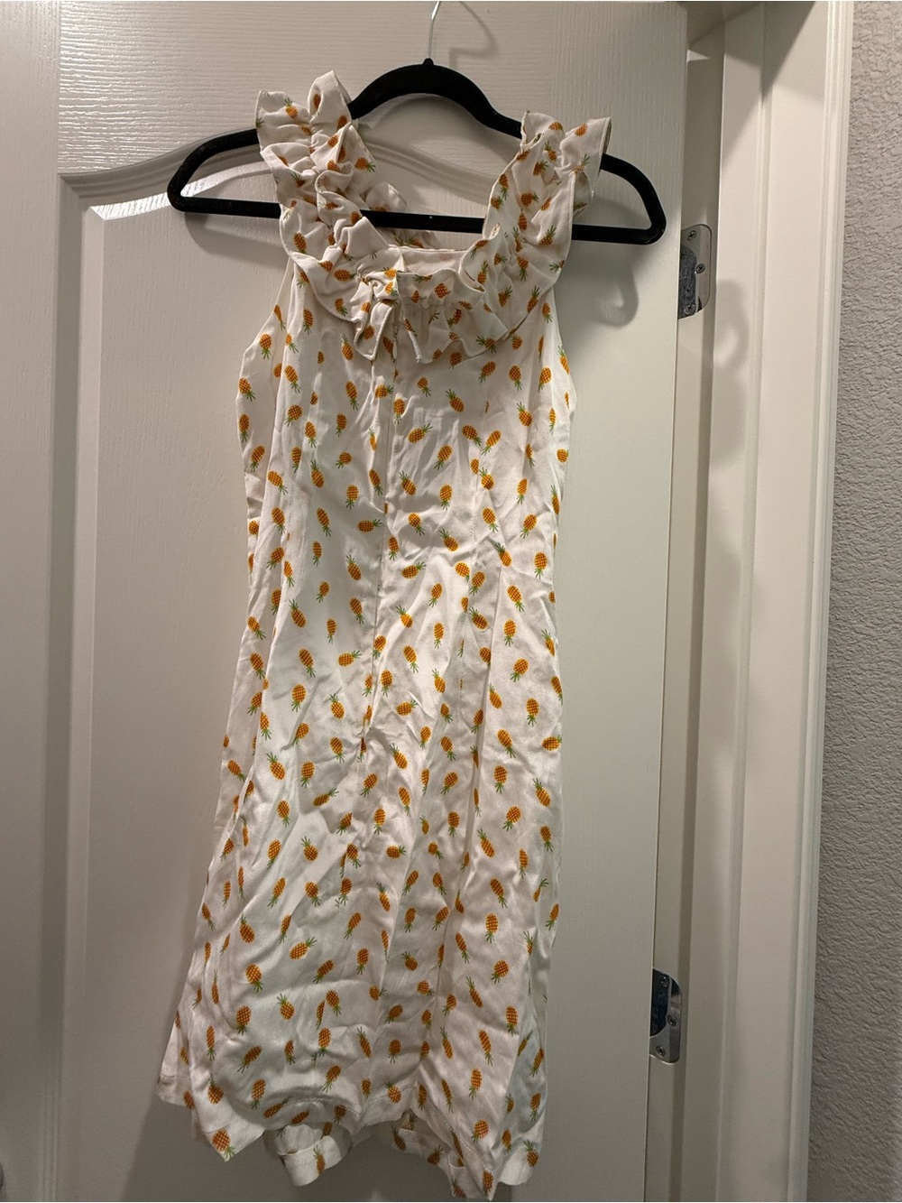 Anthropologie White Dress with Yellow Pineapple Print and Ruffle Neck
